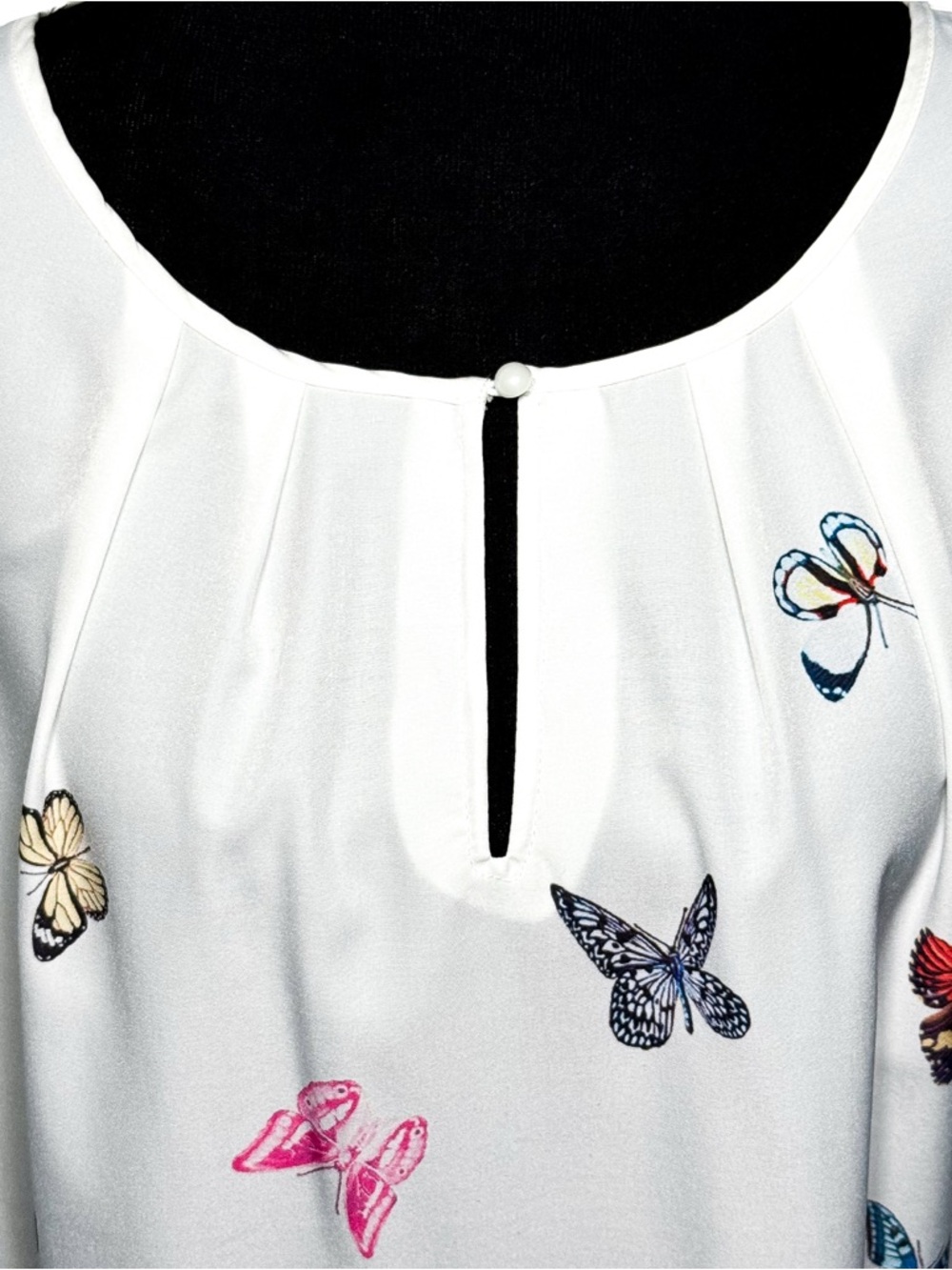 Shein Curve Women 3XL Butterfly Print Keyhole Neck Short Sleeve Blouse White - Picture 9 of 11
